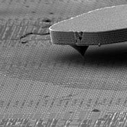 (Figure 1) SEM image of CPU chip with cantilever tip positioned on the region of interest.
