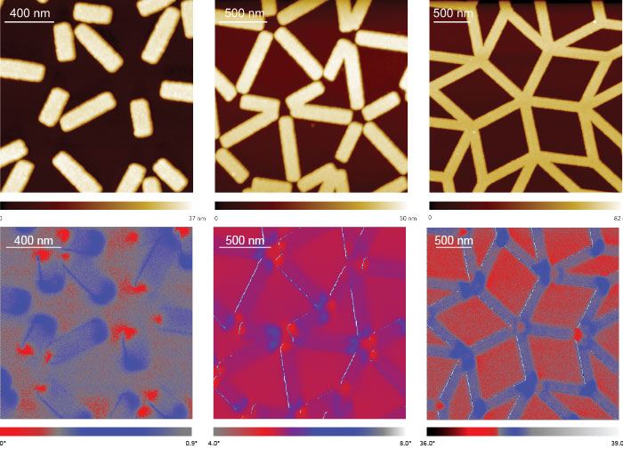 (Figure 2) (Top row) High-resolution AFM Topography of three different magnetic nanostructures. (Bottom row) MFM phase signal showing the different distributions of the stray magnetic field above the sample for each pattern. The used tip lift height is 40 nm.